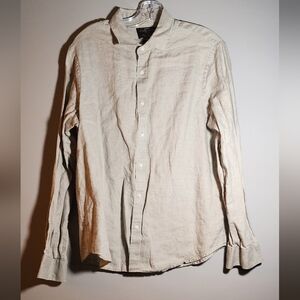 Large Black Brown Slim Fit 100% Linen Men's Long Sleeve Button-down Collar Shirt